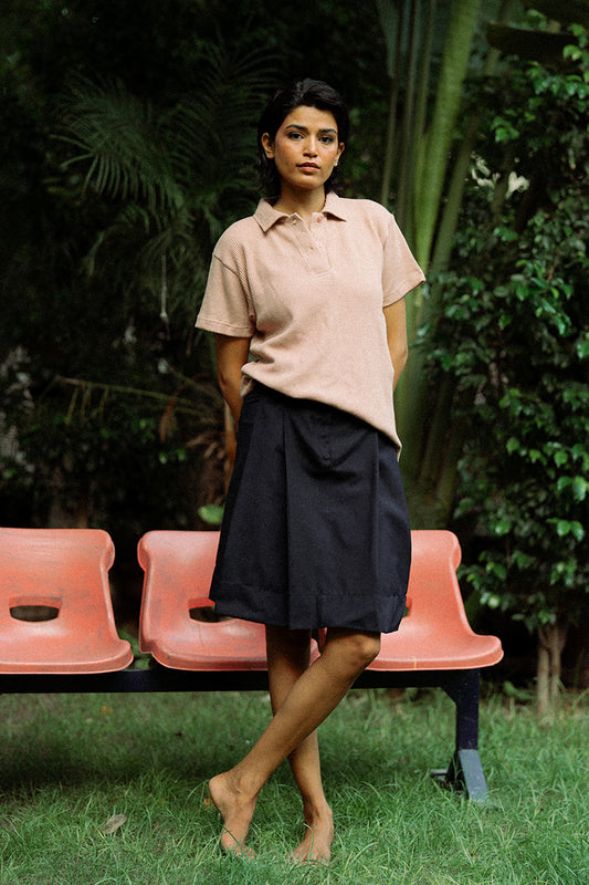 Navy Blue Box Pleated Skirt