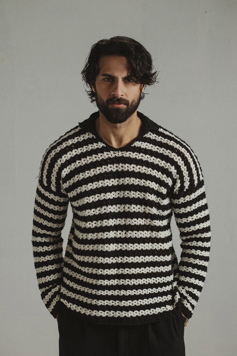 Black n white Knitted Polo Sweater