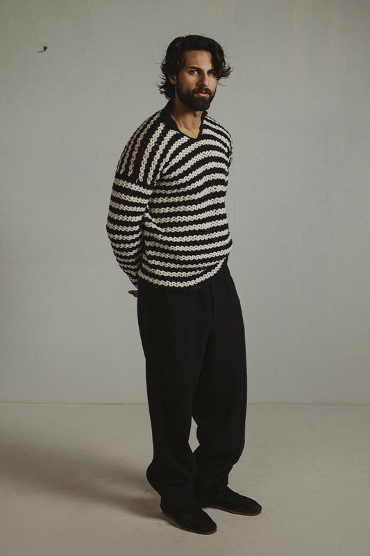 Black n white Knitted Polo Sweater