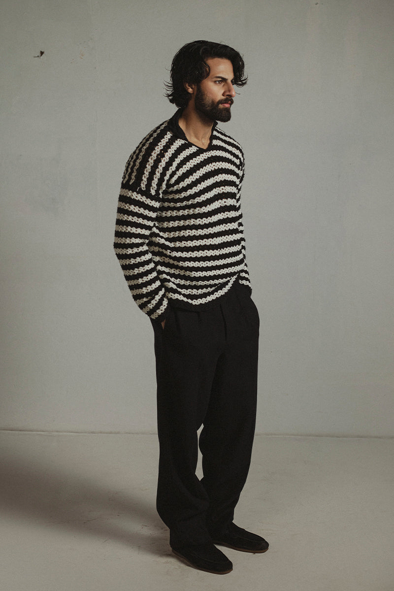 Black n white Knitted Polo Sweater