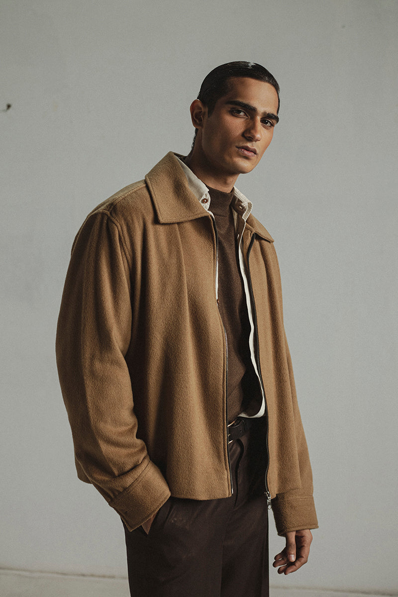 Camel Wool Zip-up Jacket