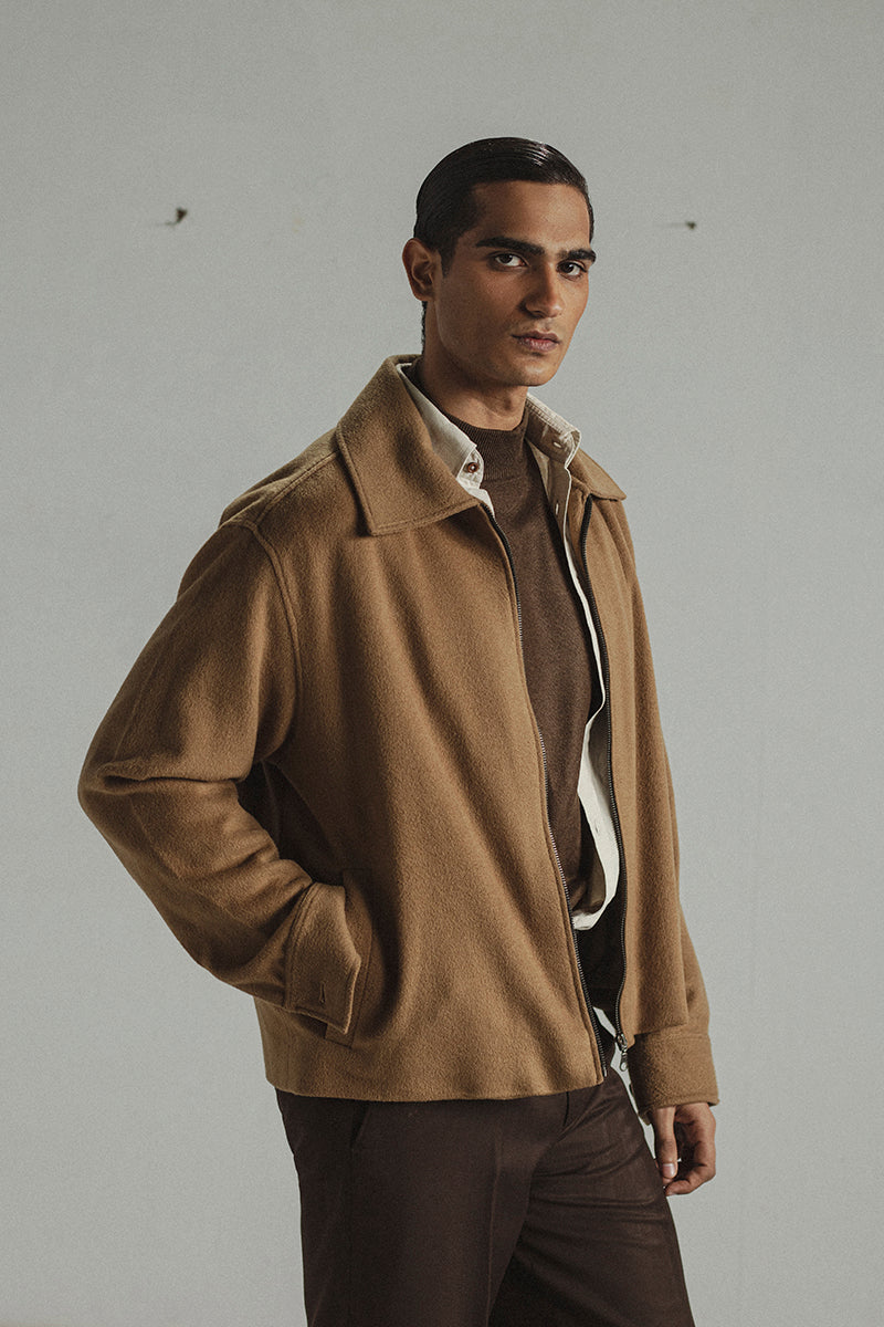Camel Wool Zip-up Jacket
