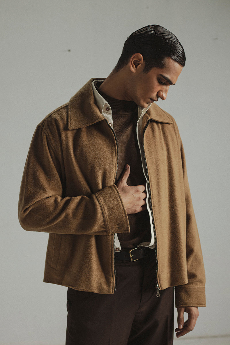 Camel Wool Zip-up Jacket