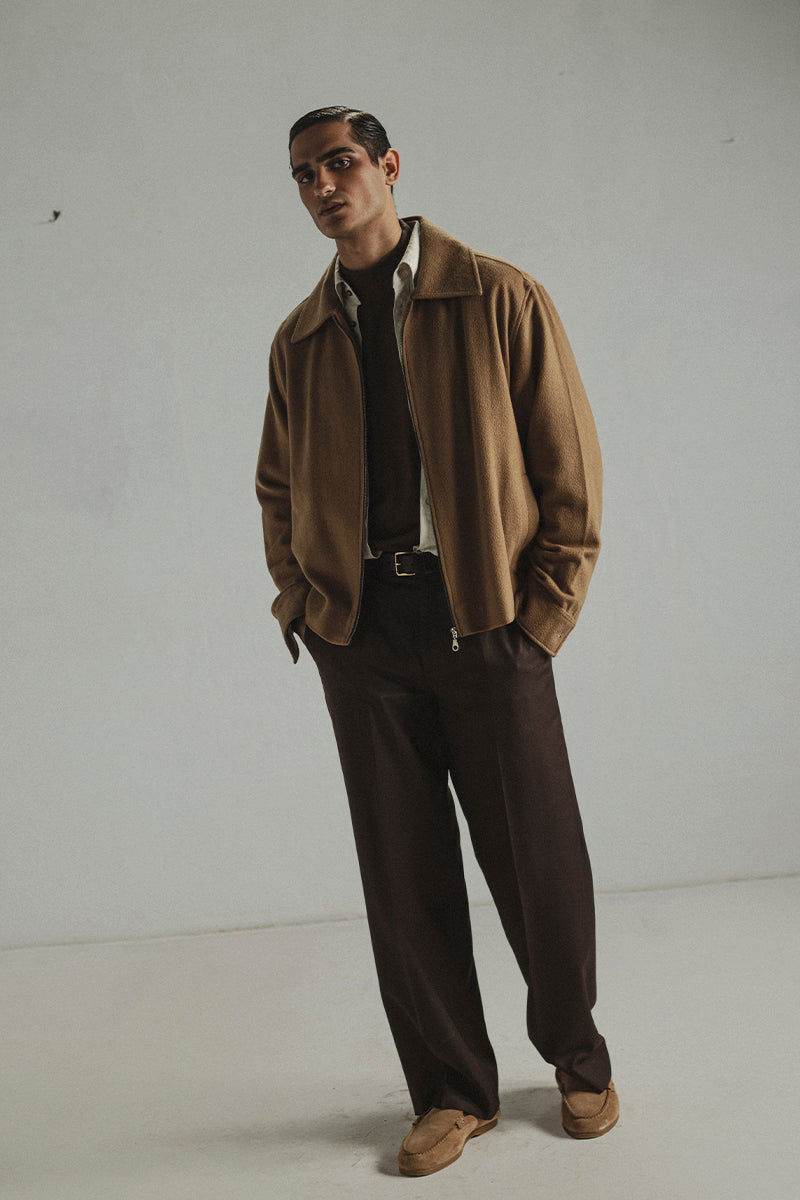 Camel Wool Zip-up Jacket